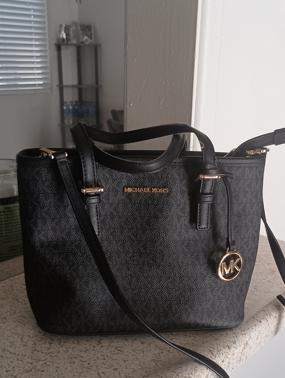 Michael Kors Jet Set Travel Extra-Small Logo Top-Zip Tote Bag in black, featurin